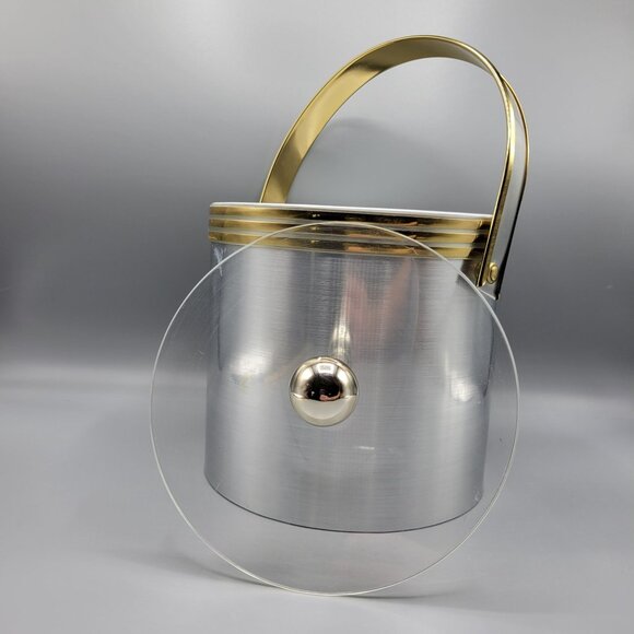 Vintage Mid Century Modern MCM Silver Gold Ice Bucket Clear Lid & Metal Handle - Picture 11 of 14